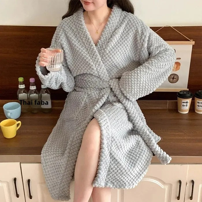 Flannel Robe Bathrobe Cardigan Thickened Medium-Length Couple's Sleepwear For Men And Women