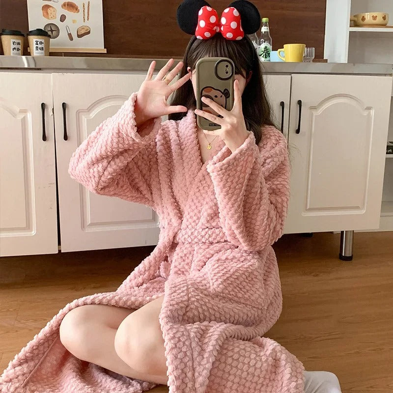 Flannel Robe Bathrobe Cardigan Thickened Medium-Length Couple's Sleepwear For Men And Women