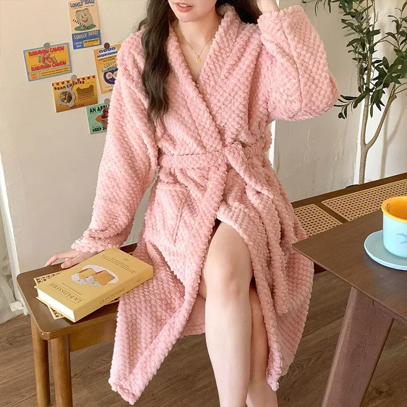 Flannel Robe Bathrobe Cardigan Thickened Medium-Length Couple's Sleepwear For Men And Women