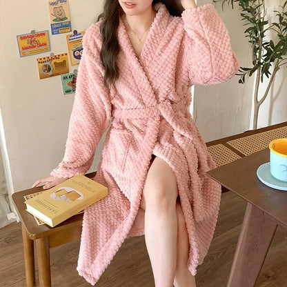 Flannel Robe Bathrobe Cardigan Thickened Medium-Length Couple's Sleepwear For Men And Women