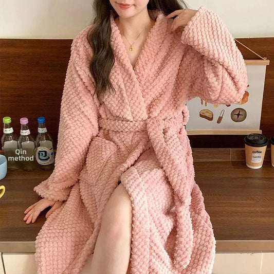 Flannel Robe Bathrobe Cardigan Thickened Medium-Length Couple's Sleepwear For Men And Women