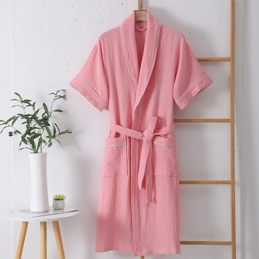Summer Thin Cotton Bathrobe Double Layer Gauze Short Sleeve Nightgown