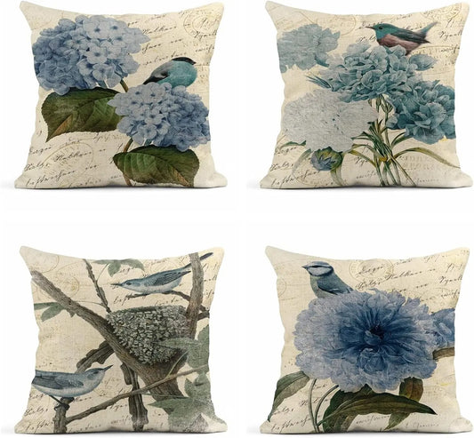 Summer Watercolor Blue Hydrangea Flowers and Birds Linen Pillow Cover