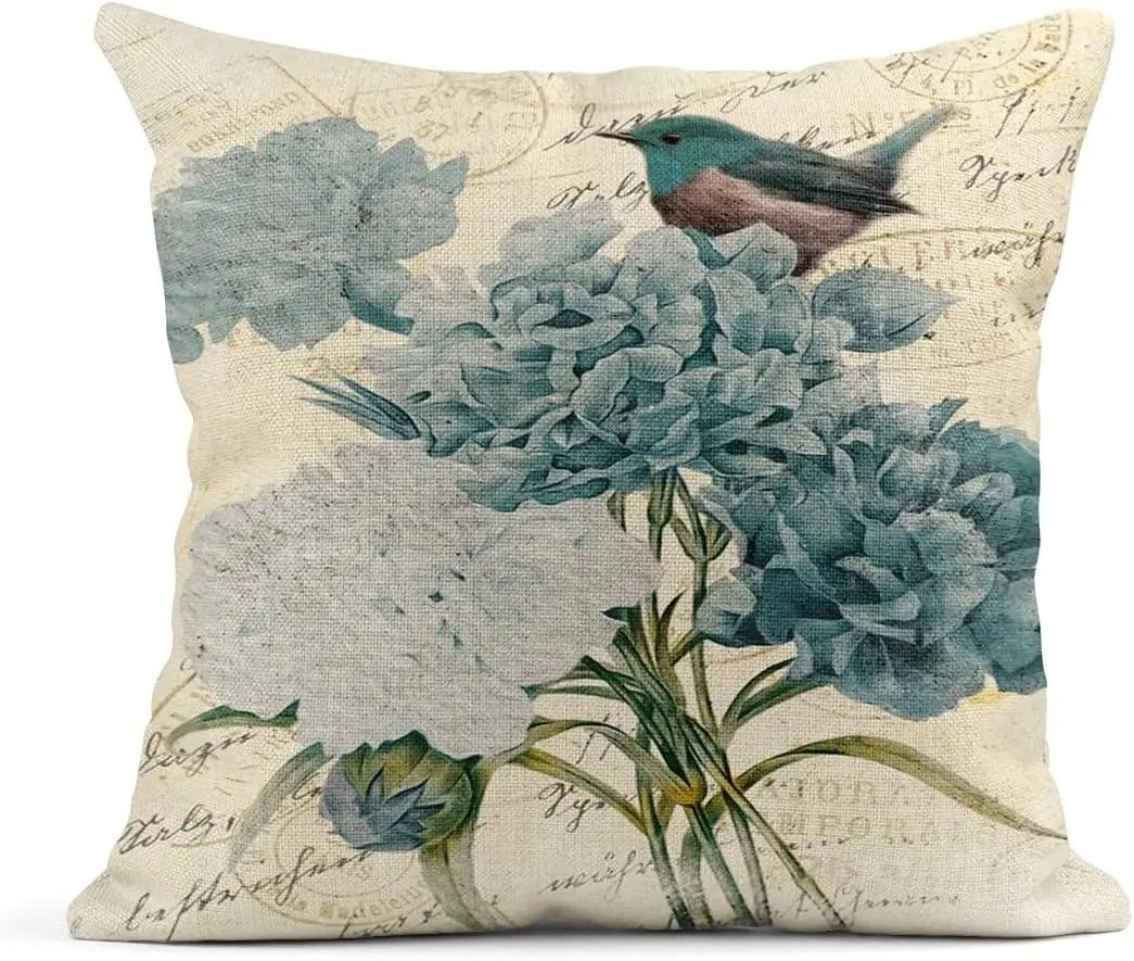 Summer Watercolor Blue Hydrangea Flowers and Birds Linen Pillow Cover