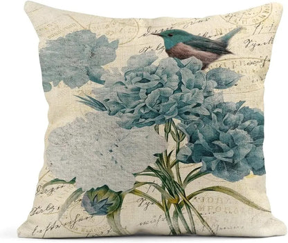 Summer Watercolor Blue Hydrangea Flowers and Birds Linen Pillow Cover