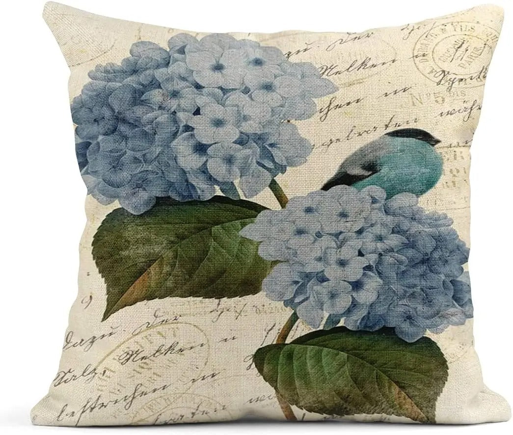 Summer Watercolor Blue Hydrangea Flowers and Birds Linen Pillow Cover