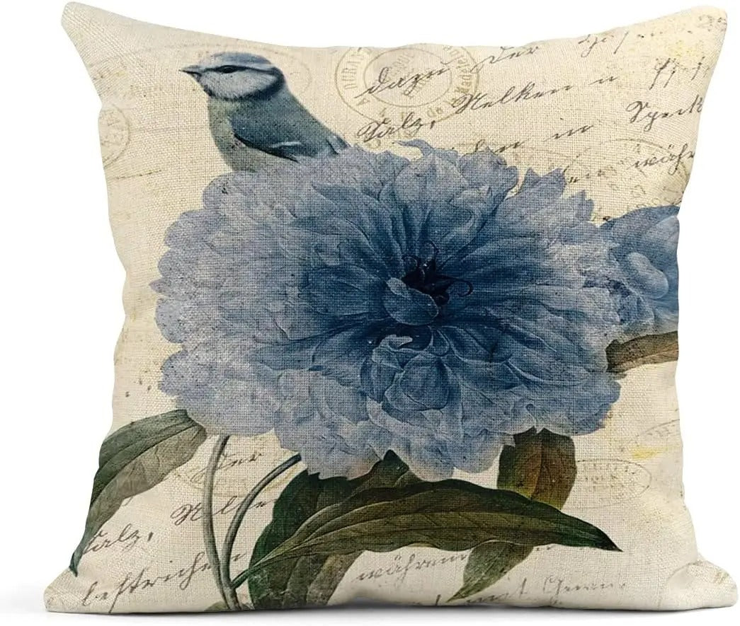 Summer Watercolor Blue Hydrangea Flowers and Birds Linen Pillow Cover