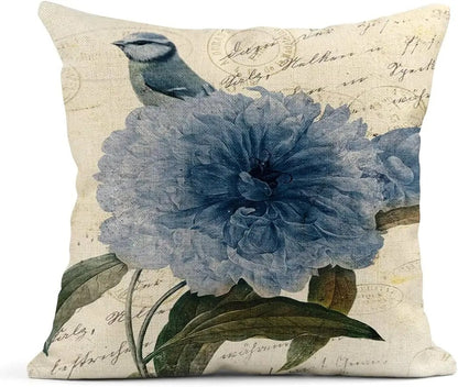 Summer Watercolor Blue Hydrangea Flowers and Birds Linen Pillow Cover