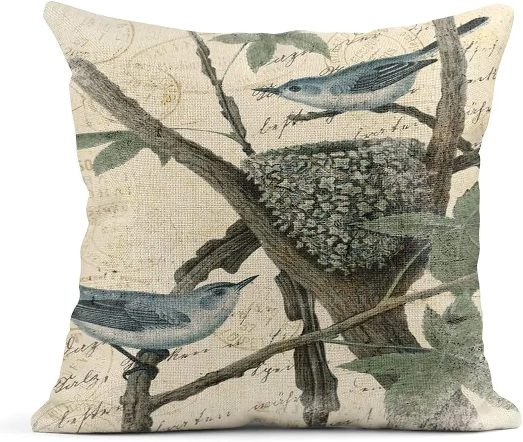 Summer Watercolor Blue Hydrangea Flowers and Birds Linen Pillow Cover