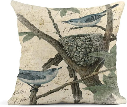 Summer Watercolor Blue Hydrangea Flowers and Birds Linen Pillow Cover