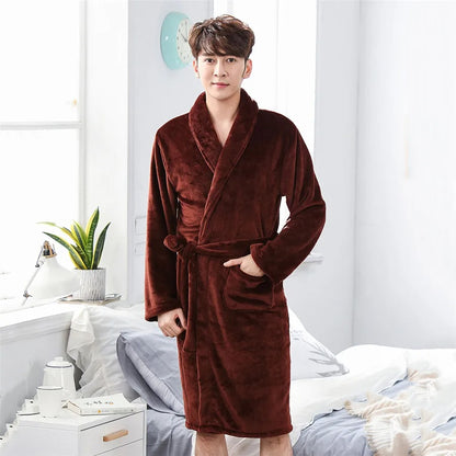 Thickened Flannel Men Robe Sleepwear Autumn Winter Warm Coral Fleece Bathrobe