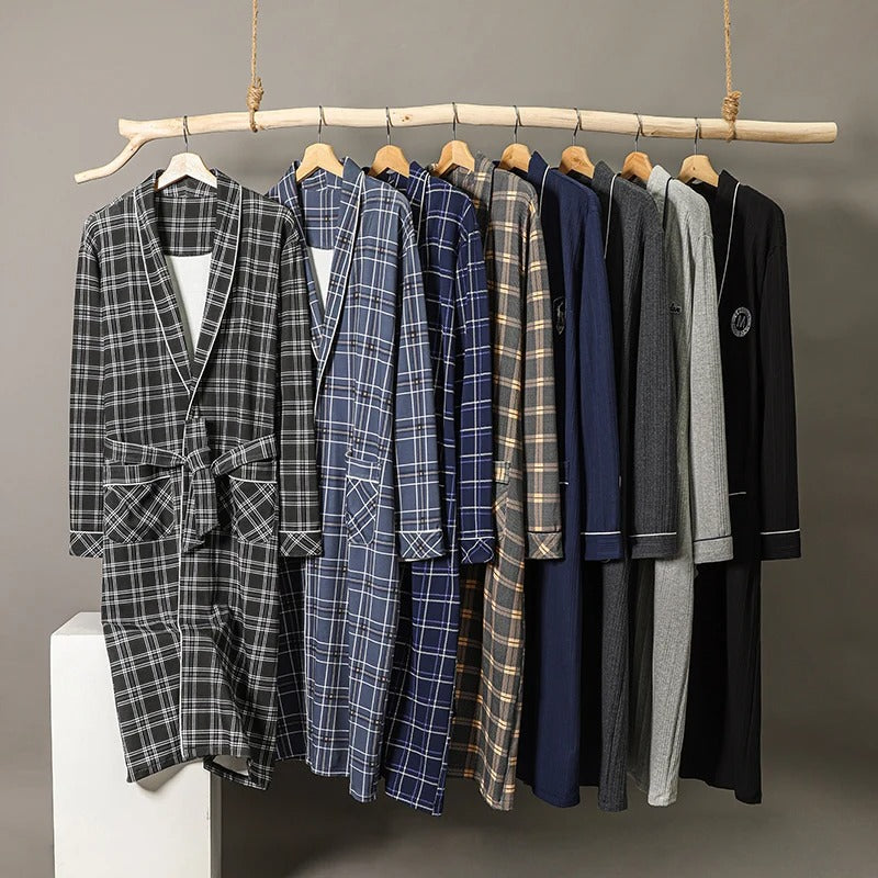 Spring Autumn Plaid Bathrobe Men Sleep Top Kimono Robes For Male
