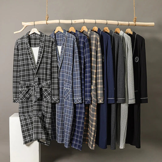 Spring Autumn Plaid Bathrobe Men Sleep Top Kimono Robes For Male