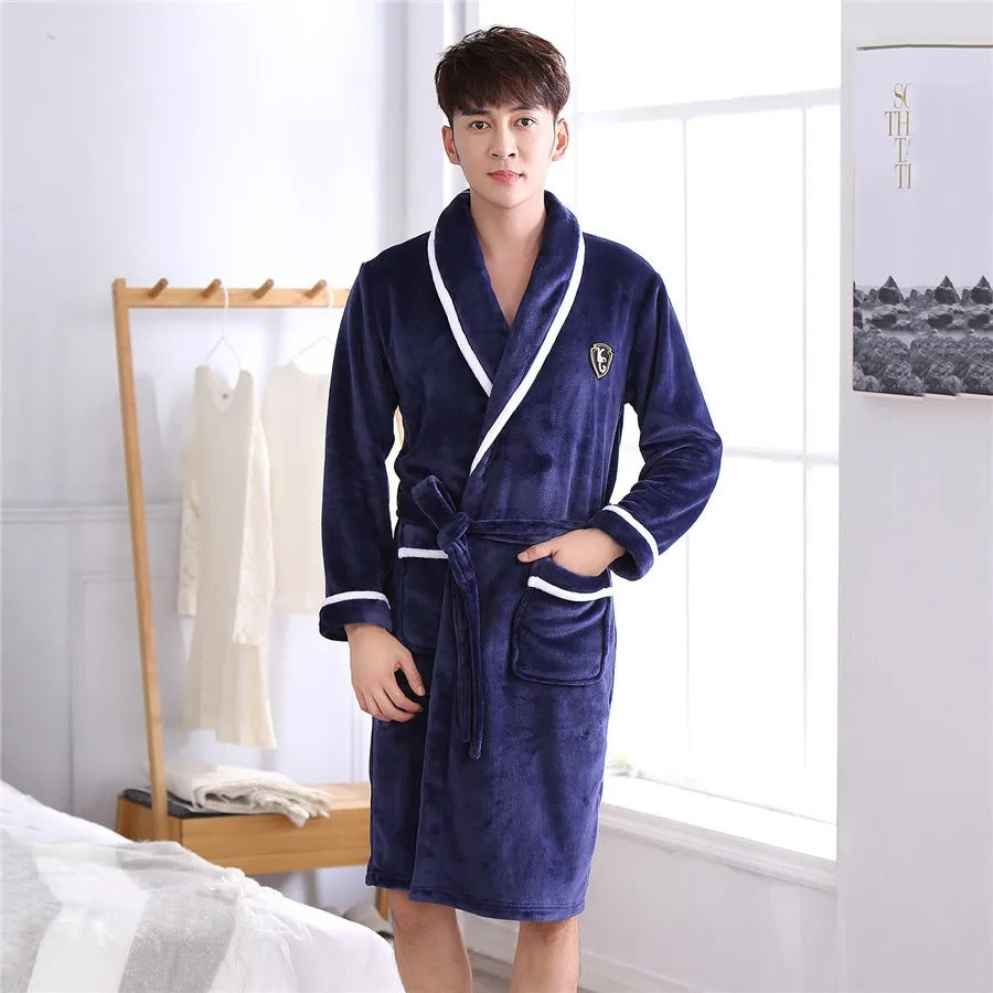 Thickened Flannel Men Robe Sleepwear Autumn Winter Warm Coral Fleece Bathrobe