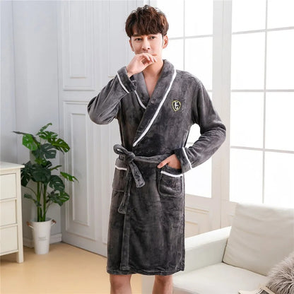 Thickened Flannel Men Robe Sleepwear Autumn Winter Warm Coral Fleece Bathrobe