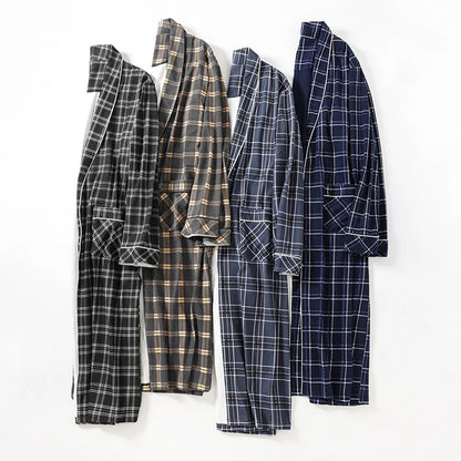 Spring Autumn Plaid Bathrobe Men Sleep Top Kimono Robes For Male