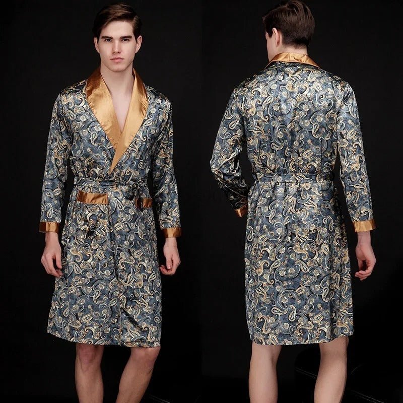 New Bathrobe with Pocket Ice Silk Robe Male Casual
