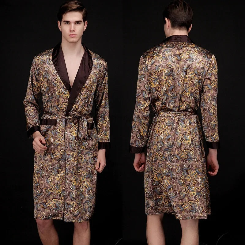 New Bathrobe with Pocket Ice Silk Robe Male Casual