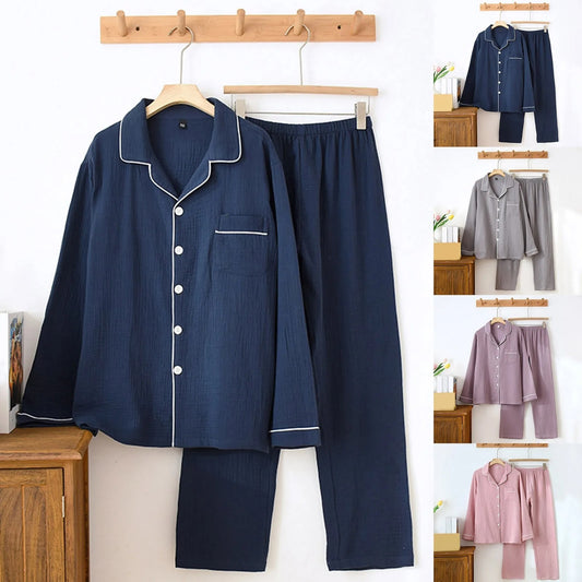 Men's Pajamas Set Casual Cardigan And Trousers Long V Neck Nightwear