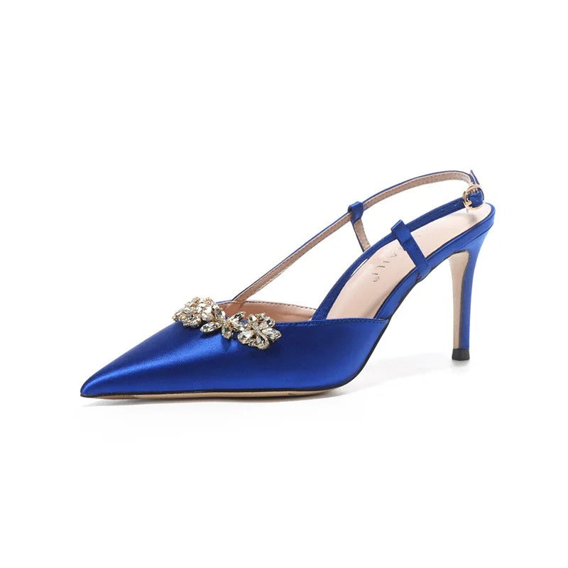 Luxury Satin Rhinestone Flower Design High Heels Women Sexy Pointed Toe Heeled Sandals Back Strap Blue Pumps Party Wedding Shoes