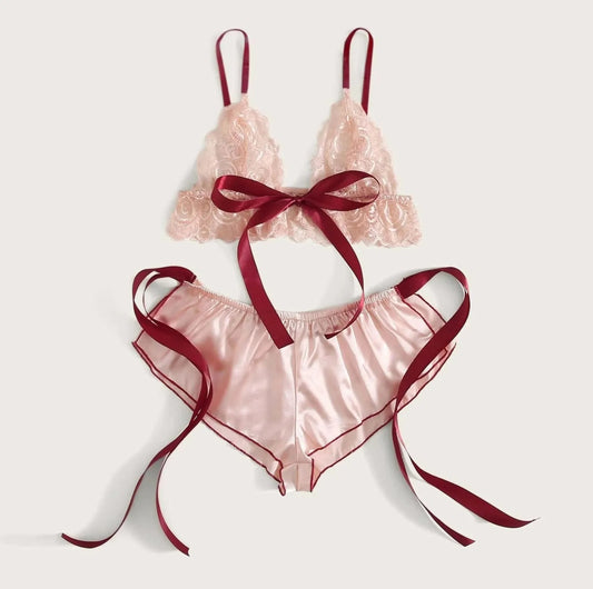 Lace Sexy Pajamas Satin Sleepwear Bra Women Lingerie