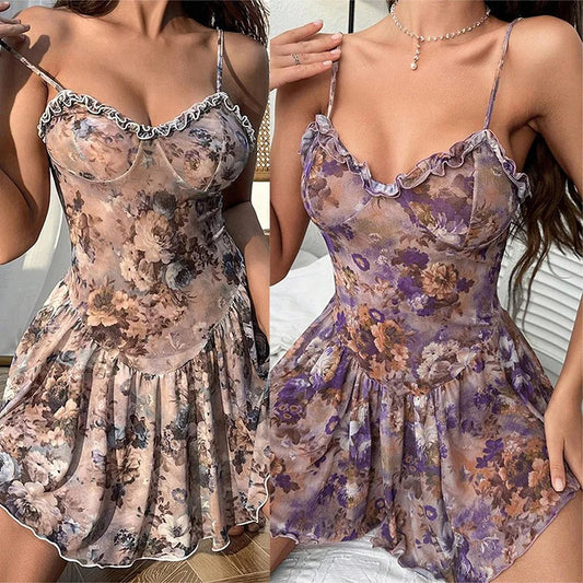 Baby Doll Floral Pleated Camisole Short Skirt and Nightgown