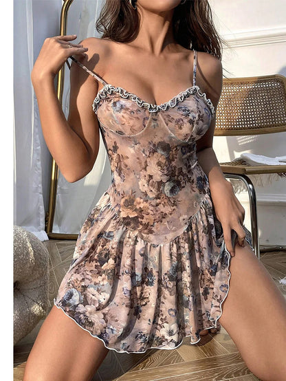 Baby Doll Floral Pleated Camisole Short Skirt and Nightgown
