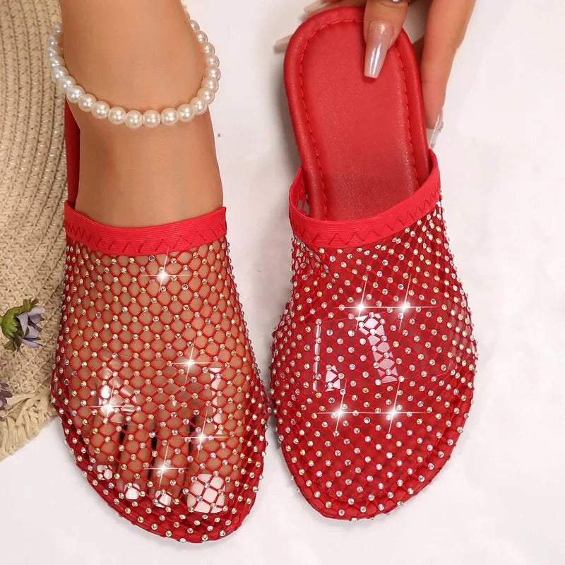 Women Summer New Round Head Slippers Water Diamond Flat Home Anti-skid Sandals Slides Women Zapatos De Mujer