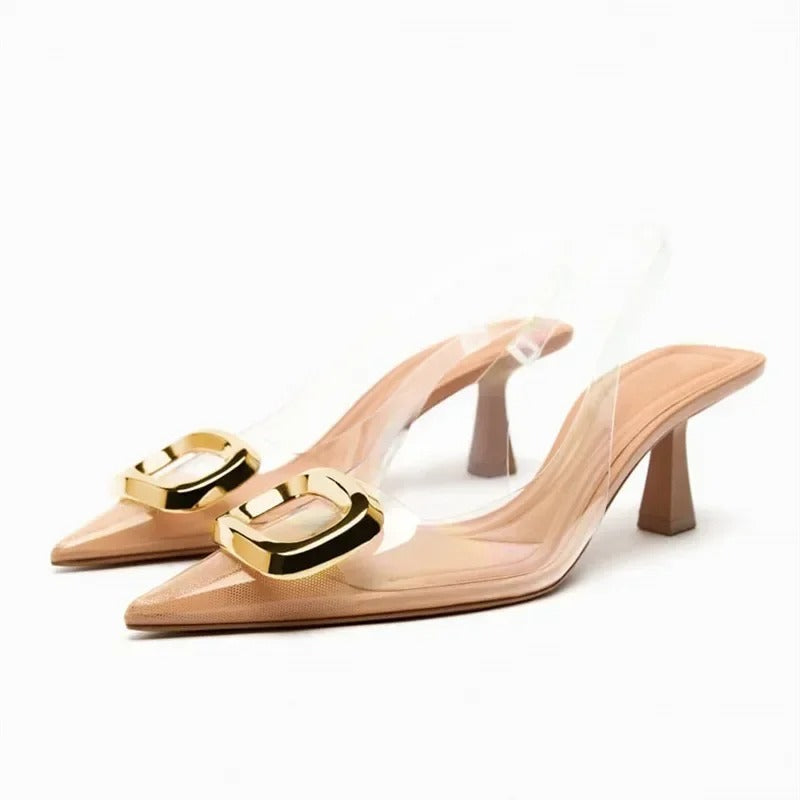 Women's Pointed Head High Heeled Pumps ZAZA Sexy Woman Shoes Fashion Pearl Decoration Slingback Woman Sandals