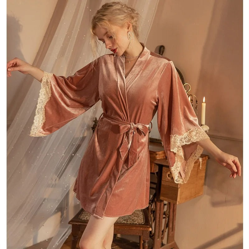 Women Twinset Robe Set Sexy Lace Trim Nightgown Sleepwear