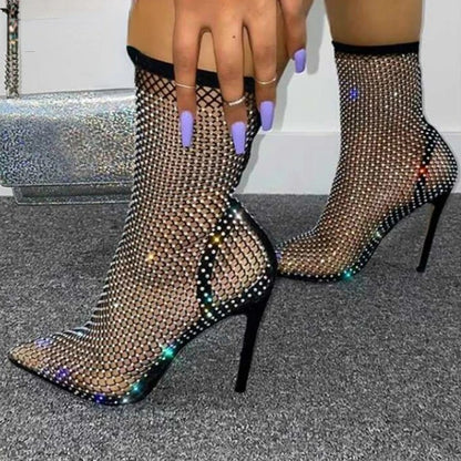 Bling Bling Rhinestone Mesh Pointed Toe Sandals Ankle Boots Stiletto High Heels Female Crystal Mesh Shoes Sandals