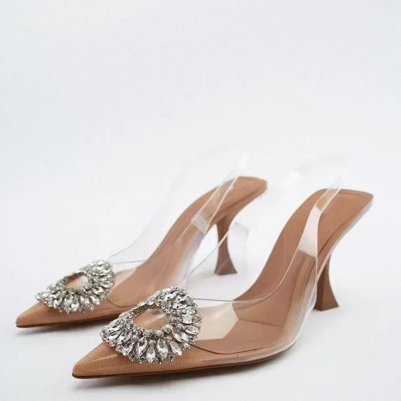 Women's Pointed Head High Heeled Pumps ZAZA Sexy Woman Shoes Fashion Pearl Decoration Slingback Woman Sandals