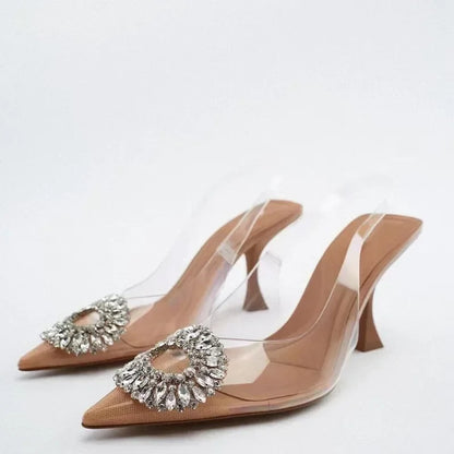 Women's Pointed Head High Heeled Pumps ZAZA Sexy Woman Shoes Fashion Pearl Decoration Slingback Woman Sandals