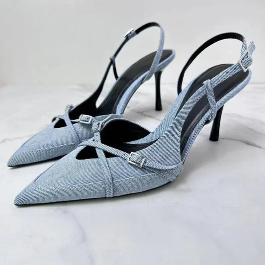 Women Cowboy Blue High Heels Pumps Stiletto Sexy Woman Sandals Fashion Slingback Pointed End Shoes for Woman