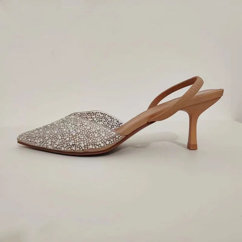 Women's Pointed Head High Heeled Pumps ZAZA Sexy Woman Shoes Fashion Pearl Decoration Slingback Woman Sandals