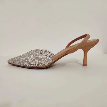Women's Pointed Head High Heeled Pumps ZAZA Sexy Woman Shoes Fashion Pearl Decoration Slingback Woman Sandals