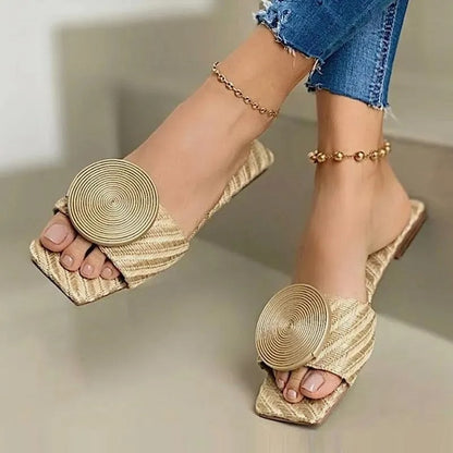 Flat Sandals Plus Size Round Buckle Solid Flats Female Casual Slippers Ladies Women Fashion Beach Shoes