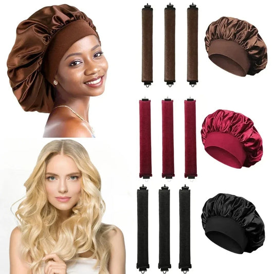 Heatless Hair Curler Satin Sleeping Cap Set No Heat Hair Rollers Curling Rod Headband Soft Curlers