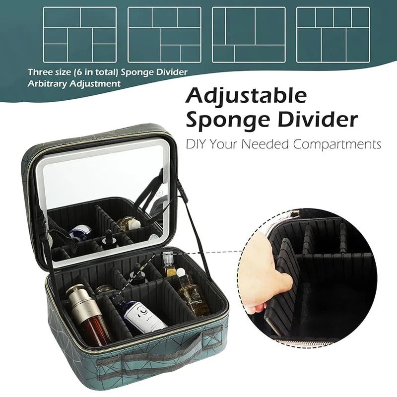 Travel Makeup Bag With Mirror LED Lighted Adjustable Dividers Cosmetic Case Portable Artist Beauty Nail Tool Makeup Case Female