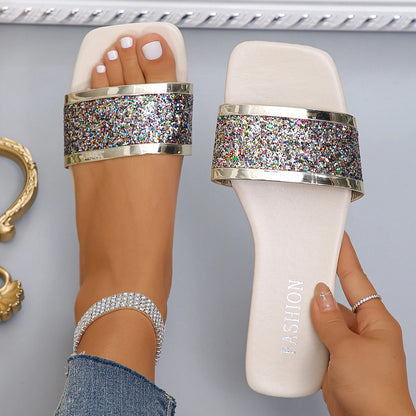 Summer Flat Sandals Shoes Female Designer Square Toe Bling Luxury Slippers Women Shoes for Women
