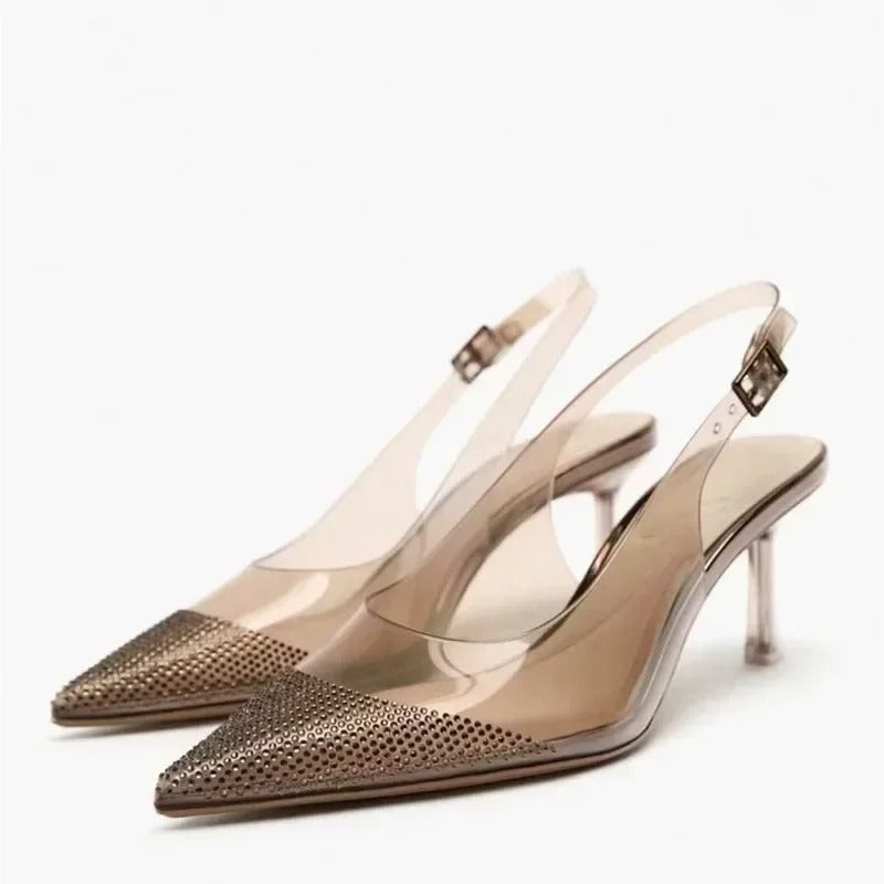 Women's Pointed Head High Heeled Pumps ZAZA Sexy Woman Shoes Fashion Pearl Decoration Slingback Woman Sandals