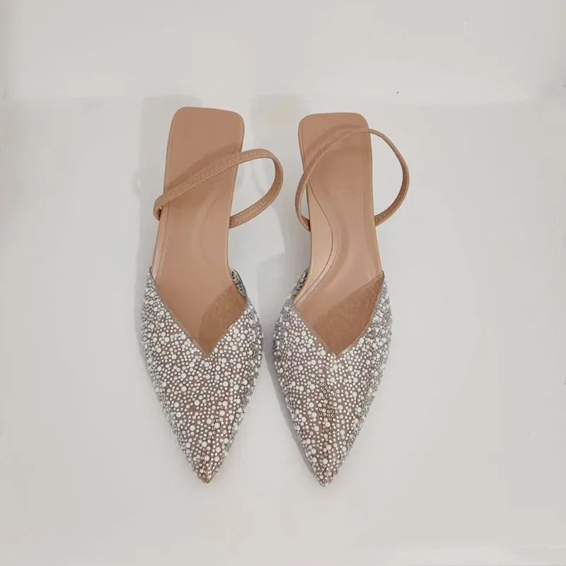 Women's Pointed Head High Heeled Pumps ZAZA Sexy Woman Shoes Fashion Pearl Decoration Slingback Woman Sandals