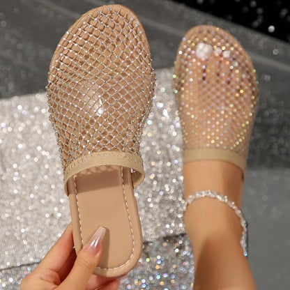 Women Summer New Round Head Slippers Water Diamond Flat Home Anti-skid Sandals Slides Women Zapatos De Mujer