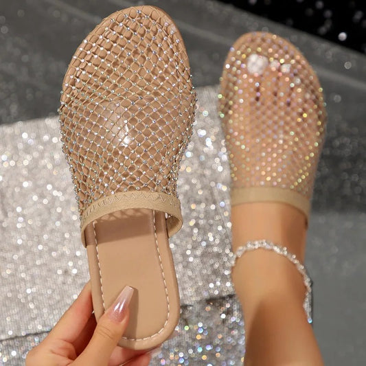 Women Summer New Round Head Slippers Water Diamond Flat Home Anti-skid Sandals Slides Women Zapatos De Mujer