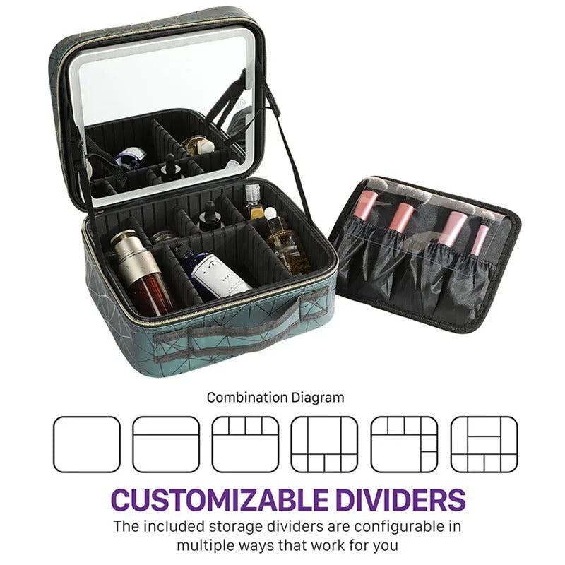 Travel Makeup Bag With Mirror LED Lighted Adjustable Dividers Cosmetic Case Portable Artist Beauty Nail Tool Makeup Case Female