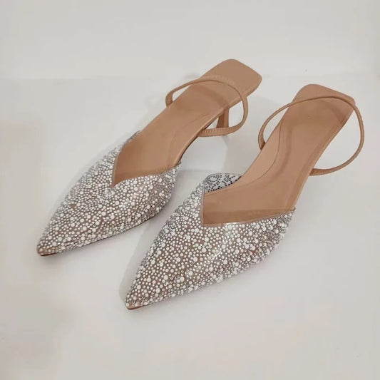 Women's Pointed Head High Heeled Pumps ZAZA Sexy Woman Shoes Fashion Pearl Decoration Slingback Woman Sandals