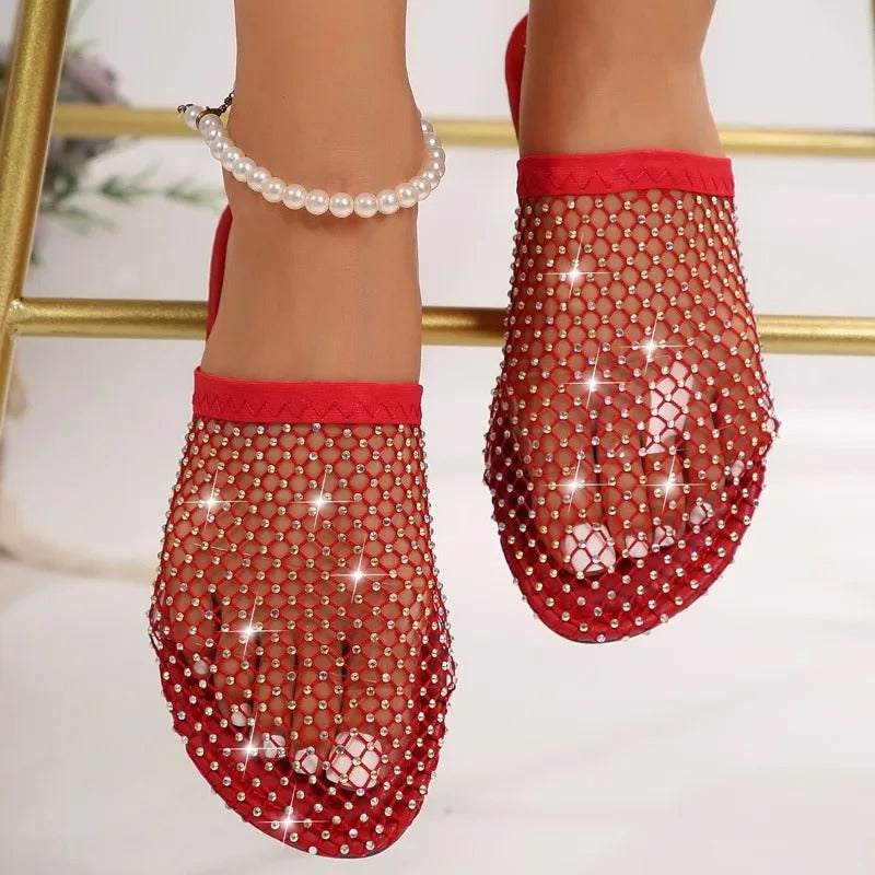 Women Summer New Round Head Slippers Water Diamond Flat Home Anti-skid Sandals Slides Women Zapatos De Mujer
