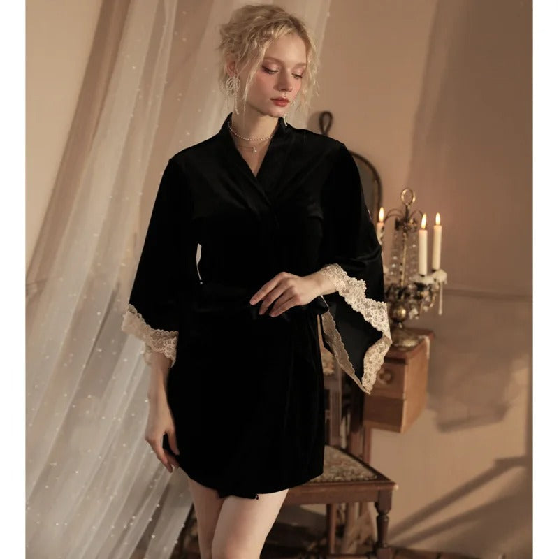 Women Twinset Robe Set Sexy Lace Trim Nightgown Sleepwear