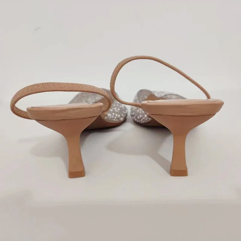 Women's Pointed Head High Heeled Pumps ZAZA Sexy Woman Shoes Fashion Pearl Decoration Slingback Woman Sandals
