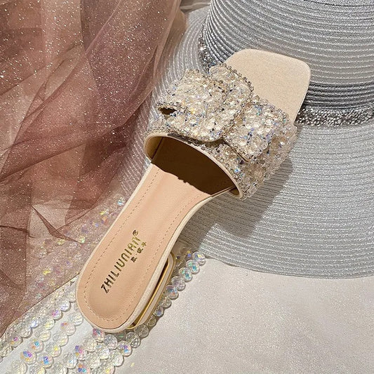 Chunky Heel Fashion Flat Ladies Rhinestone Slippers Women's Shoes Comfort Summer Peep Toe Shoes